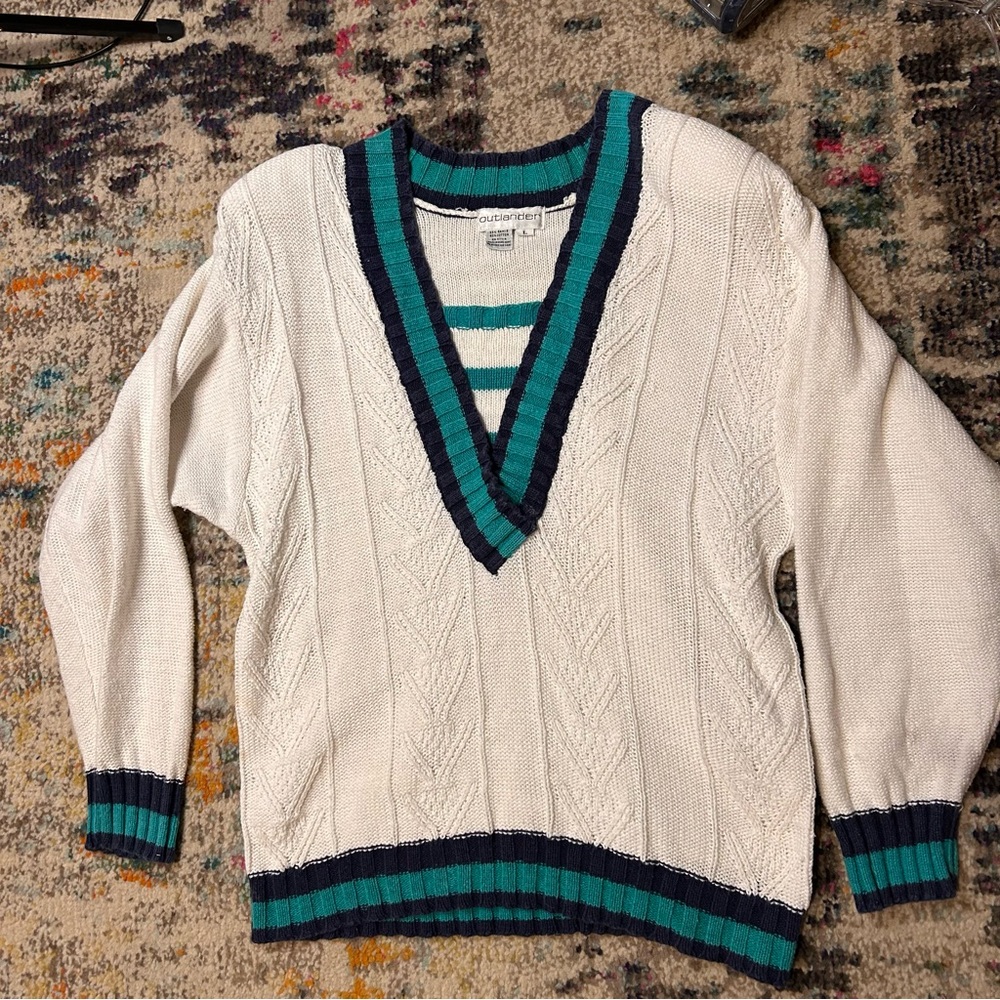 Vintage Outlander cotton blend cable knit sweater V-Neck Large